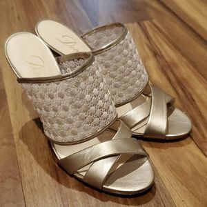DELMAN gold lace heels
